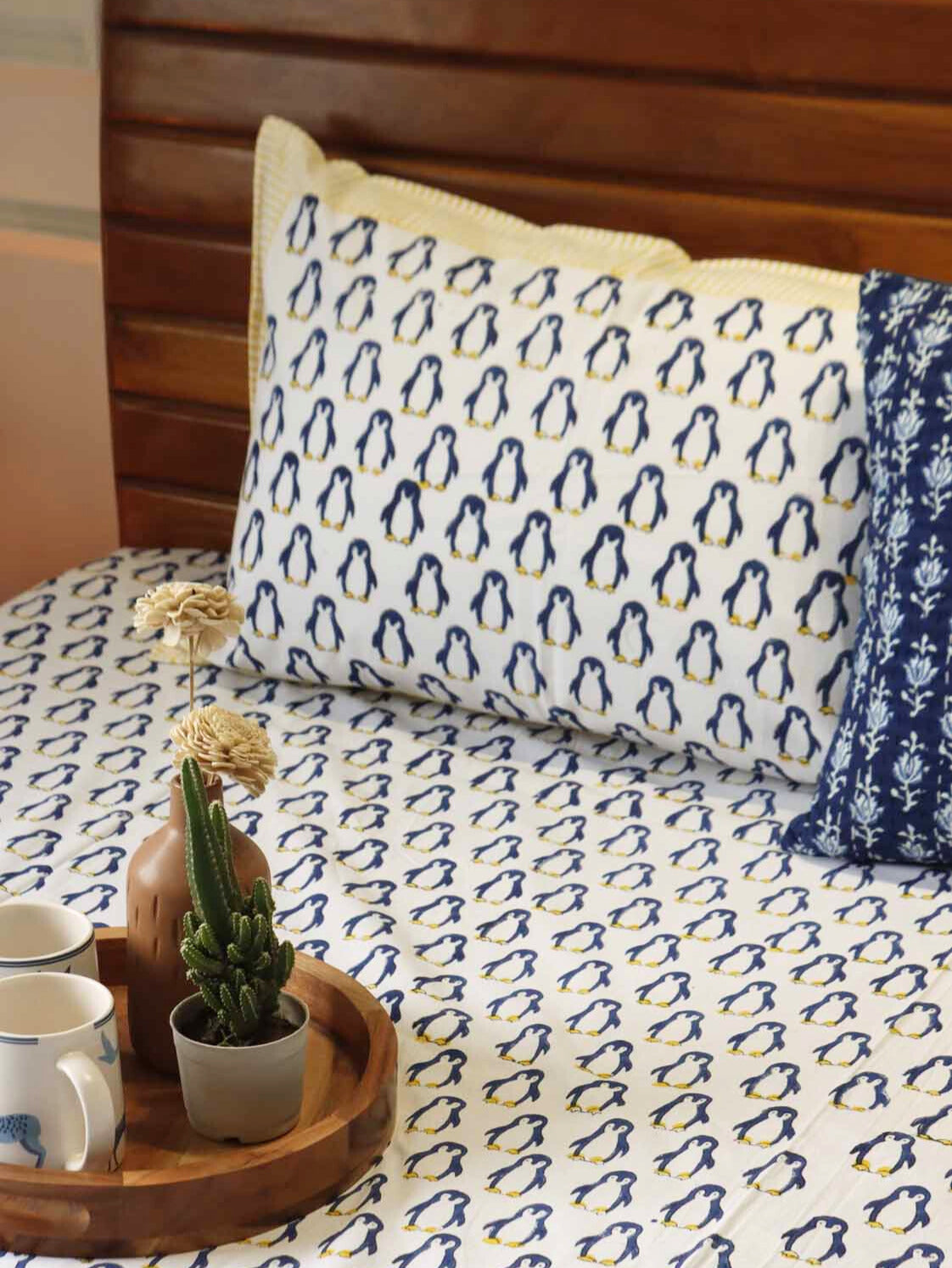 Blue Penguin - Handblock Bedsheet (90x108 Inches)