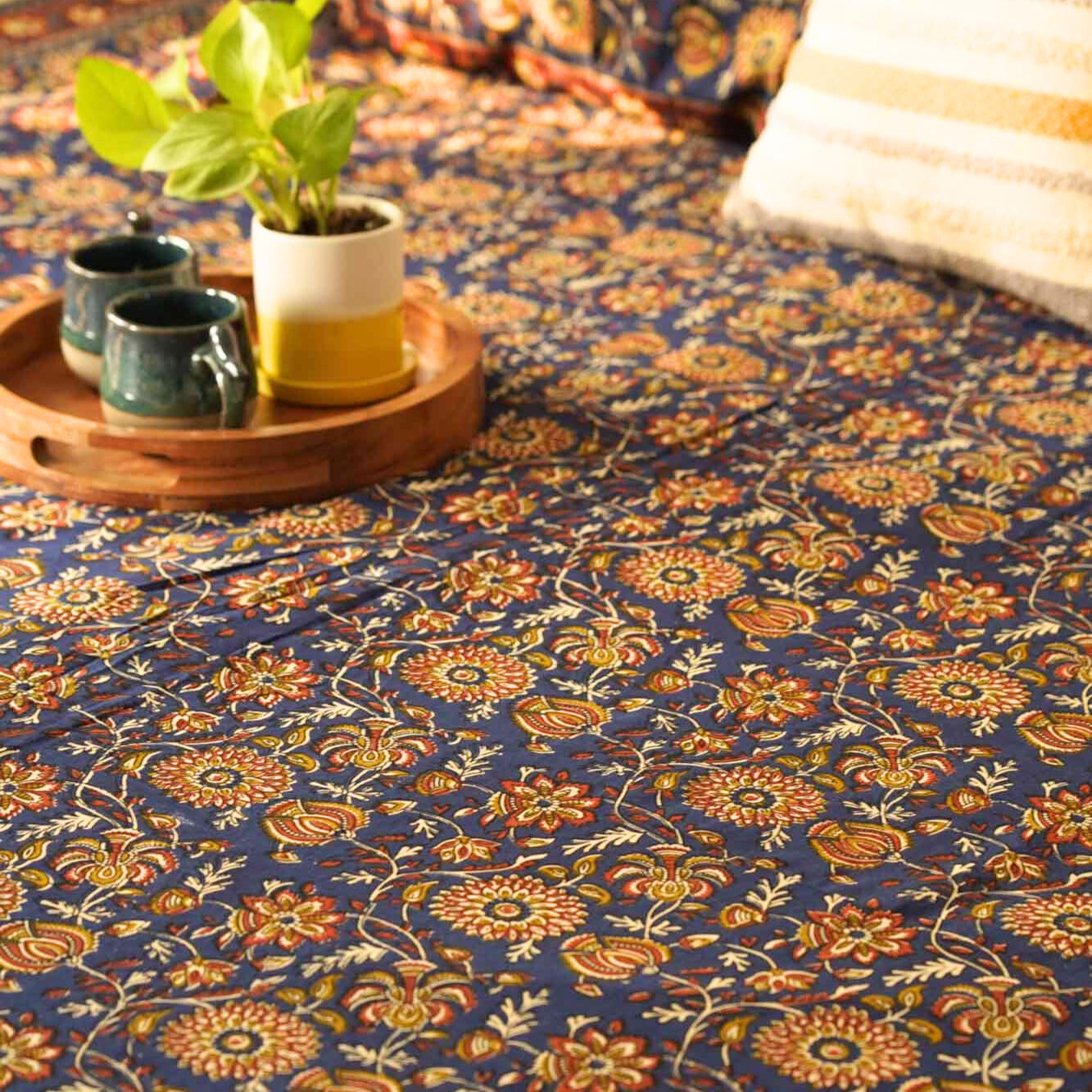 Kalamkari Blue B - Flat I Fitted Bedsheet (108x108 Inches)