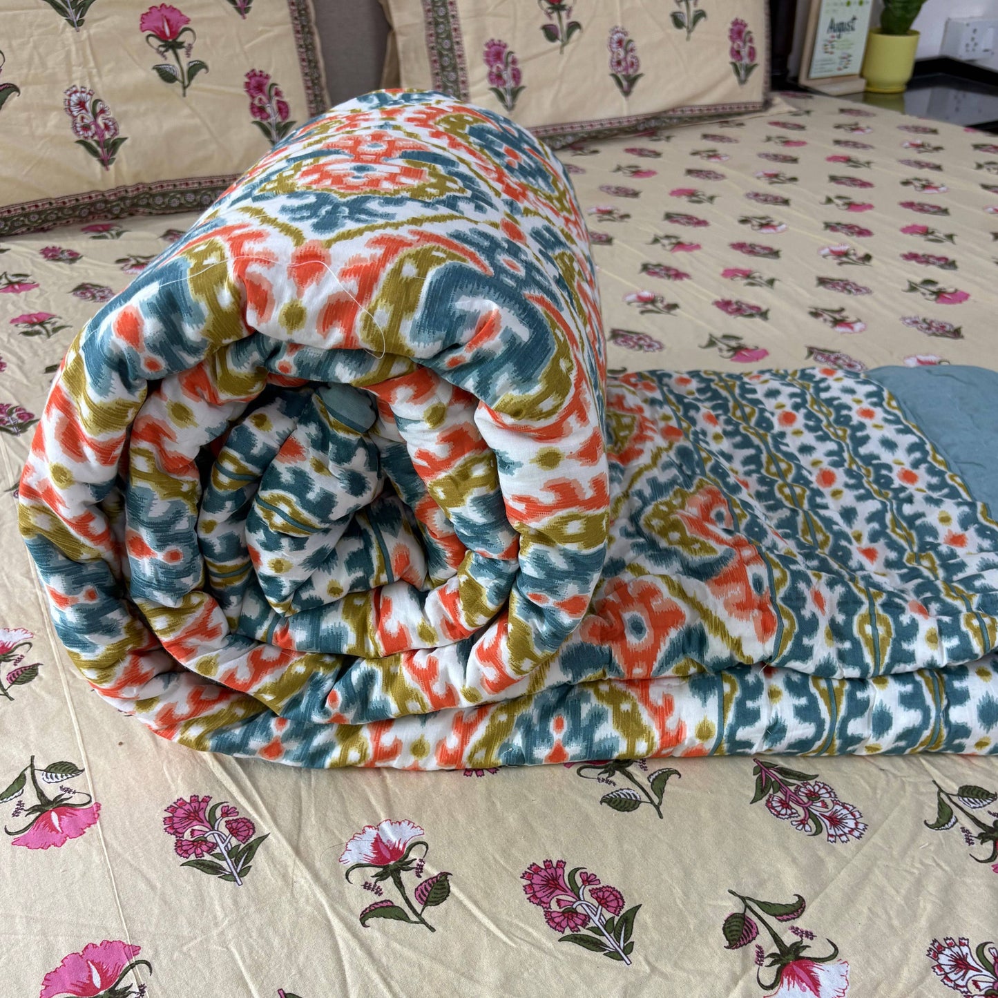 Ikkat Orange - Double Bed Razai/ Comforter