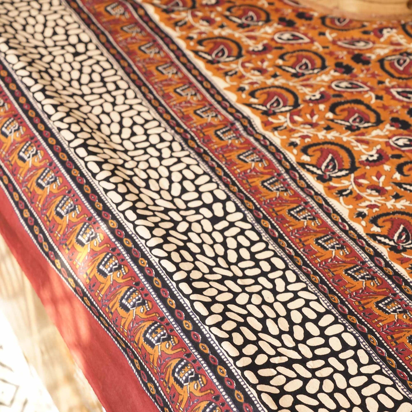 Kalamkari Kesar - Flat I Fitted Bedsheet (90x108 Inches)