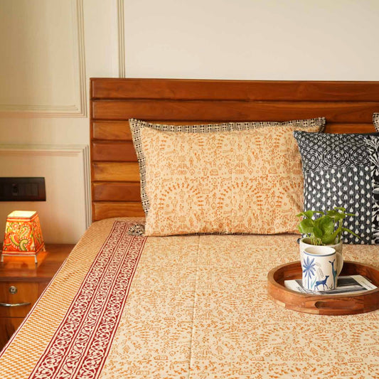 Hand Block Kalamkari Worli Mustard Bedsheet (90x108 Inches)