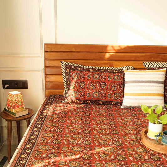Kalamkari Maroon Big B - Flat I Fitted Bedsheet (108x108 Inches)