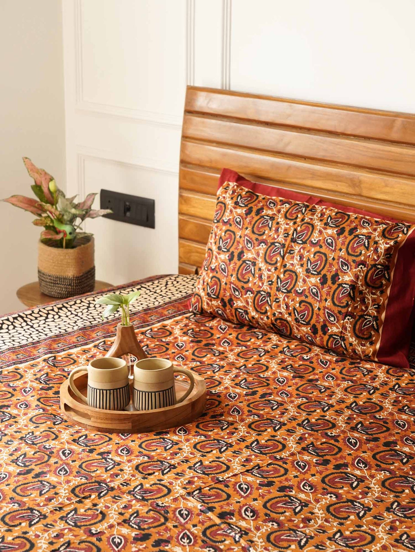 Kalamkari Kesar - Flat I Fitted Bedsheet (90x108 Inches)