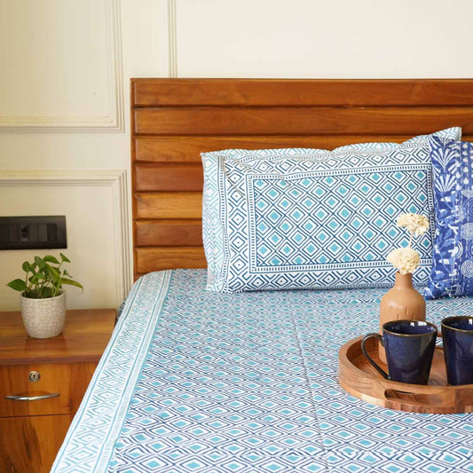 Rhombus - Blue – Flat I Fitted Bedsheet (90x108 Inches)