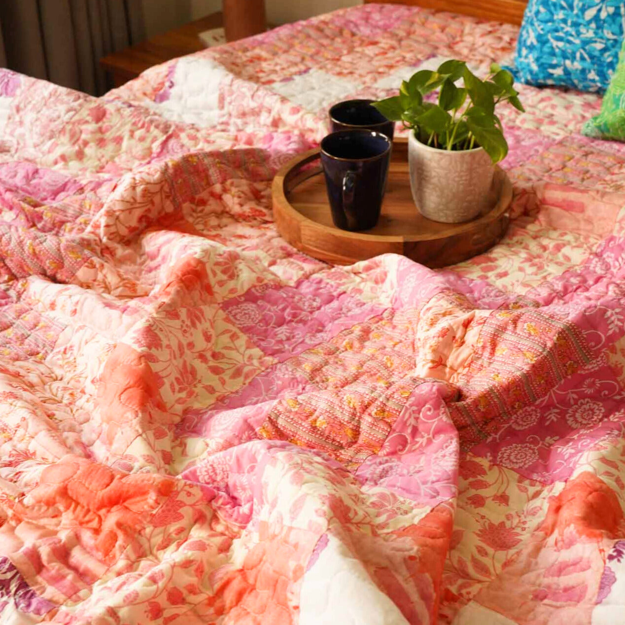 Rangeela - Pink - A Patchwork Reversible Quilted Bedcover I Comforter
