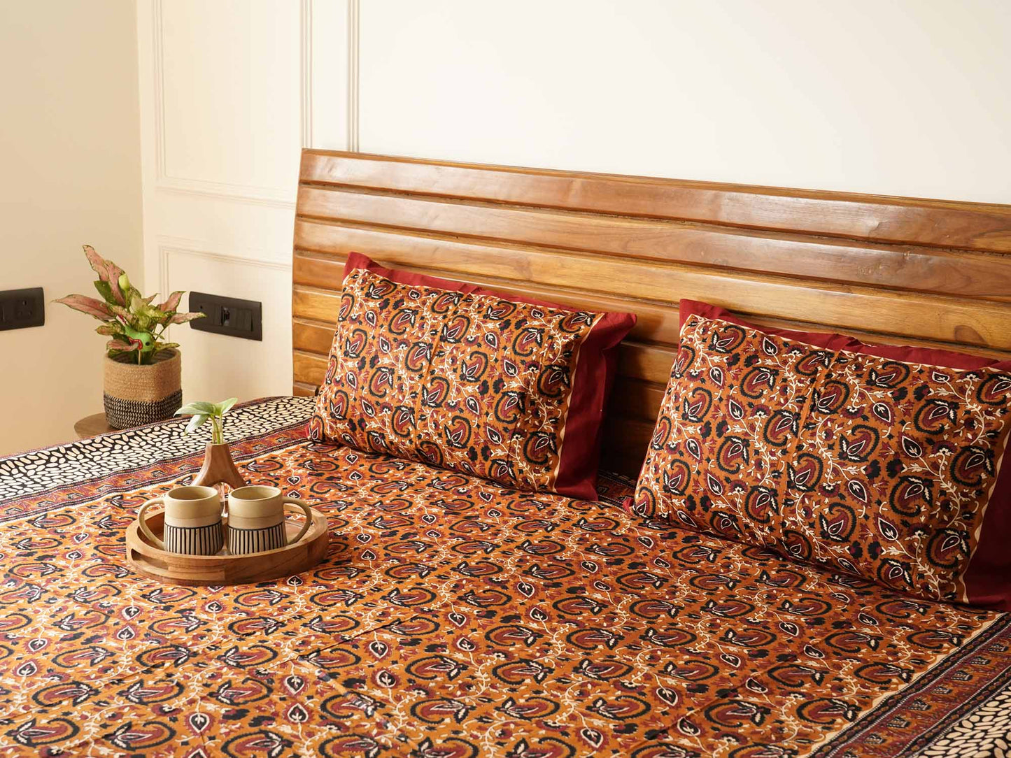 Kalamkari Kesar - Flat I Fitted Bedsheet (90x108 Inches)
