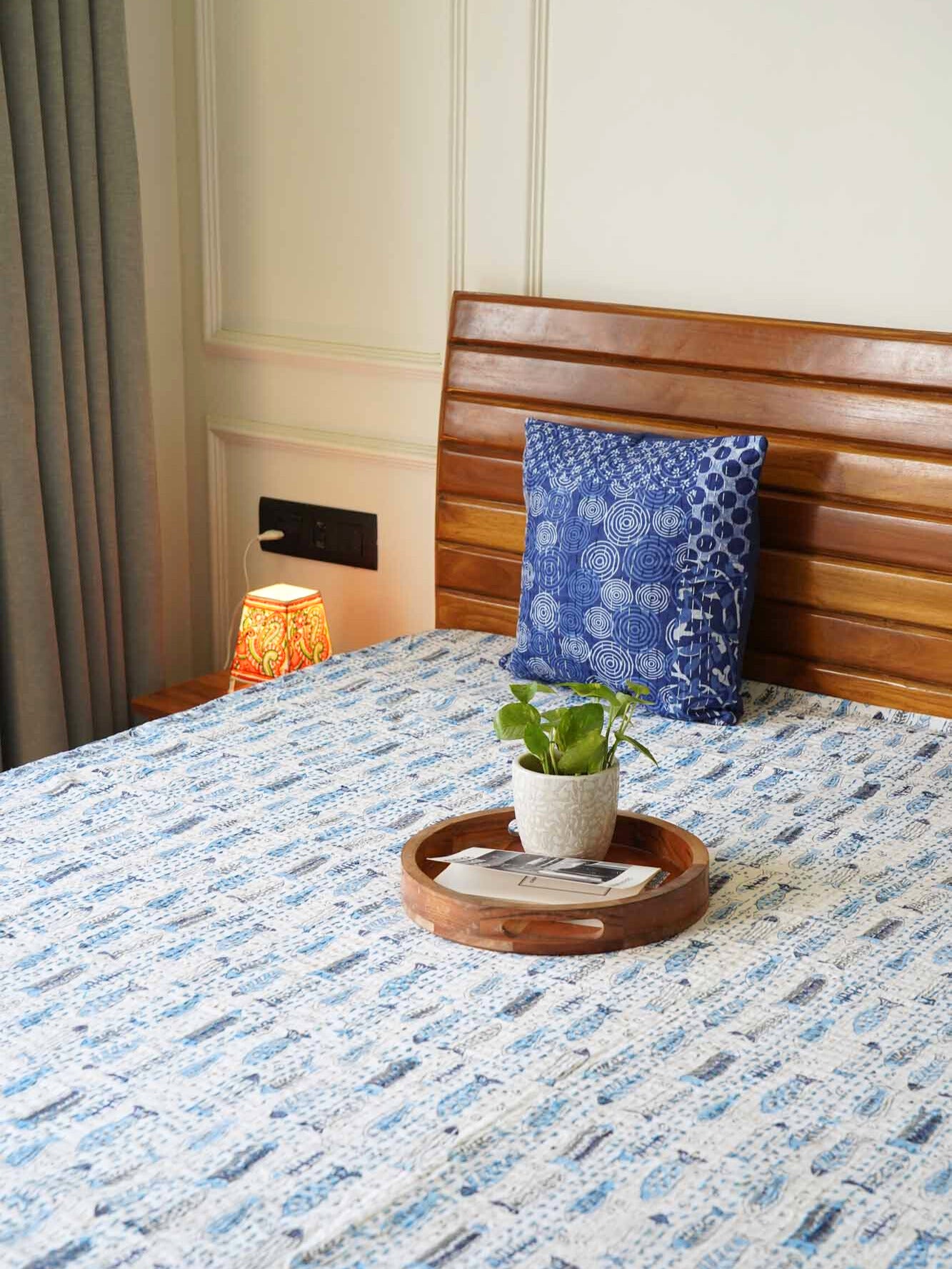 Matsya - Handblock Kantha Stitch Bedcover