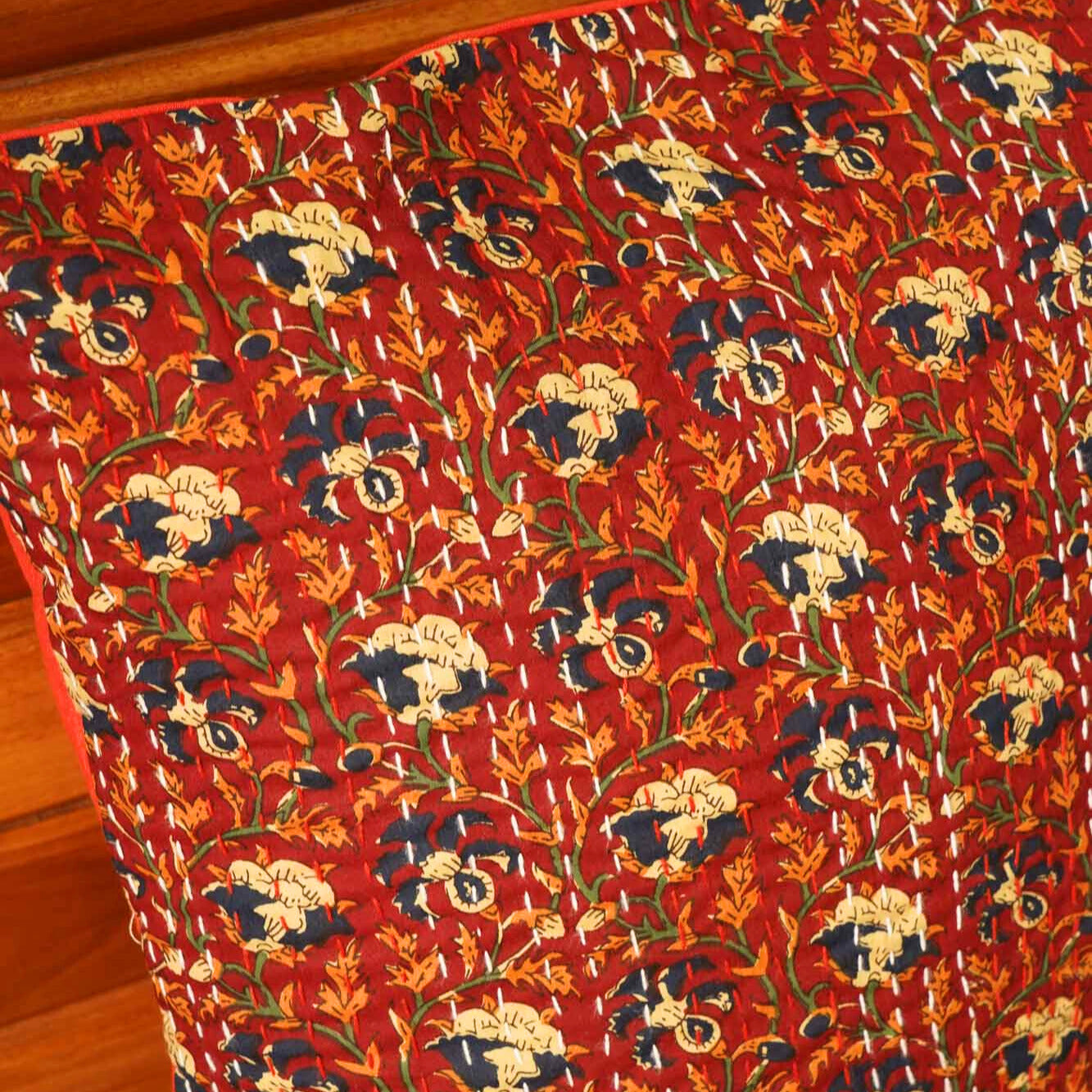 Ajrakh - Maroon  – Kantha Stitch  Cushion Cover