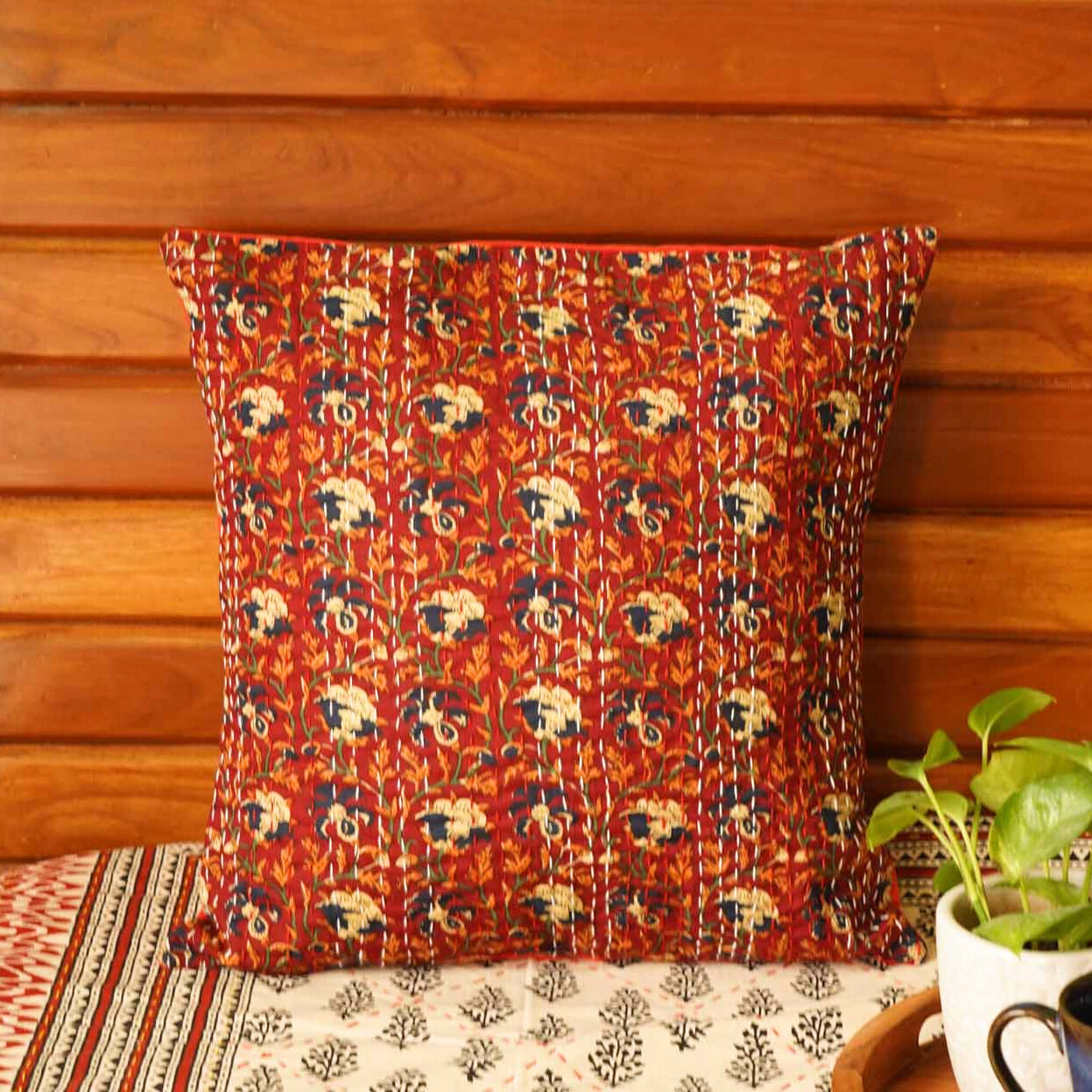 Ajrakh - Maroon  – Kantha Stitch  Cushion Cover