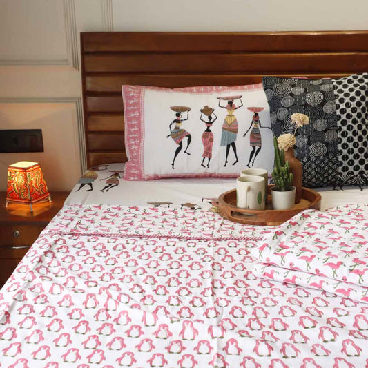 Hand Block Print Mul Dohar – Penguin Pink