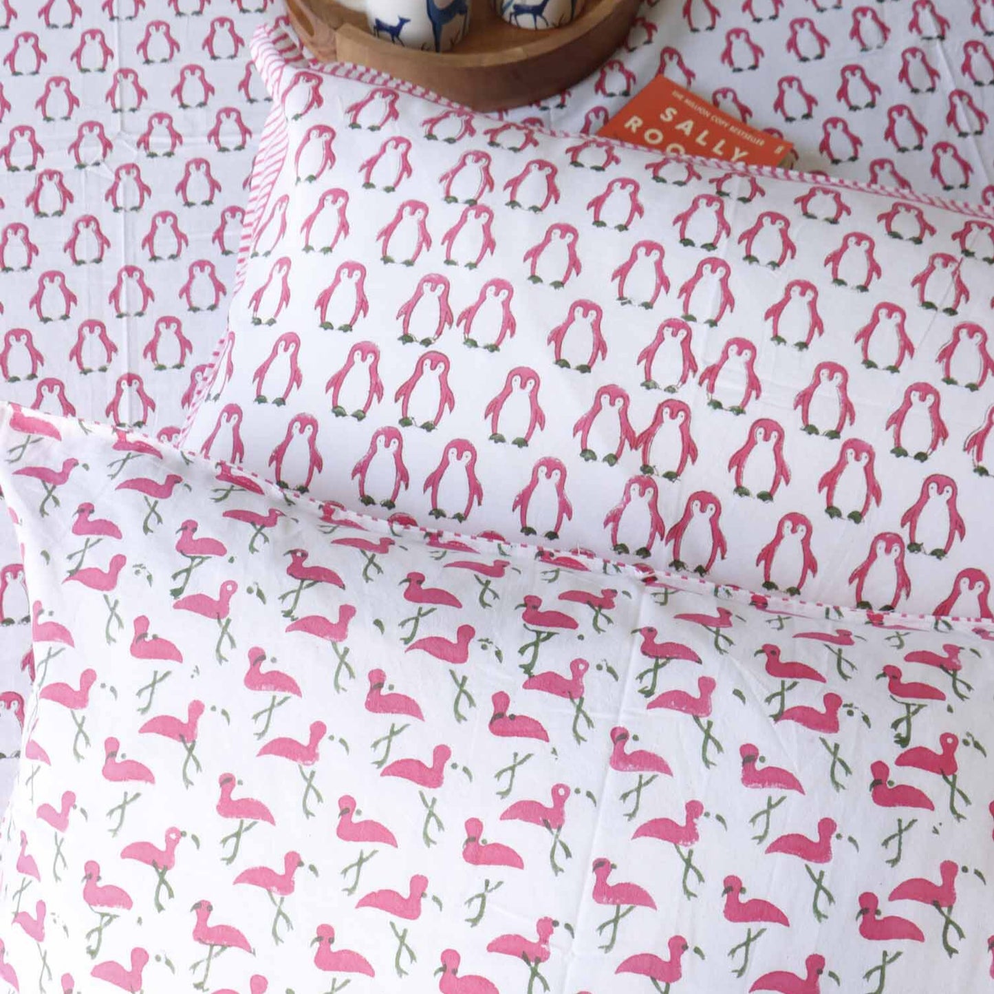 Pink Penguin - Handblock Bedsheet (108x108 inches)