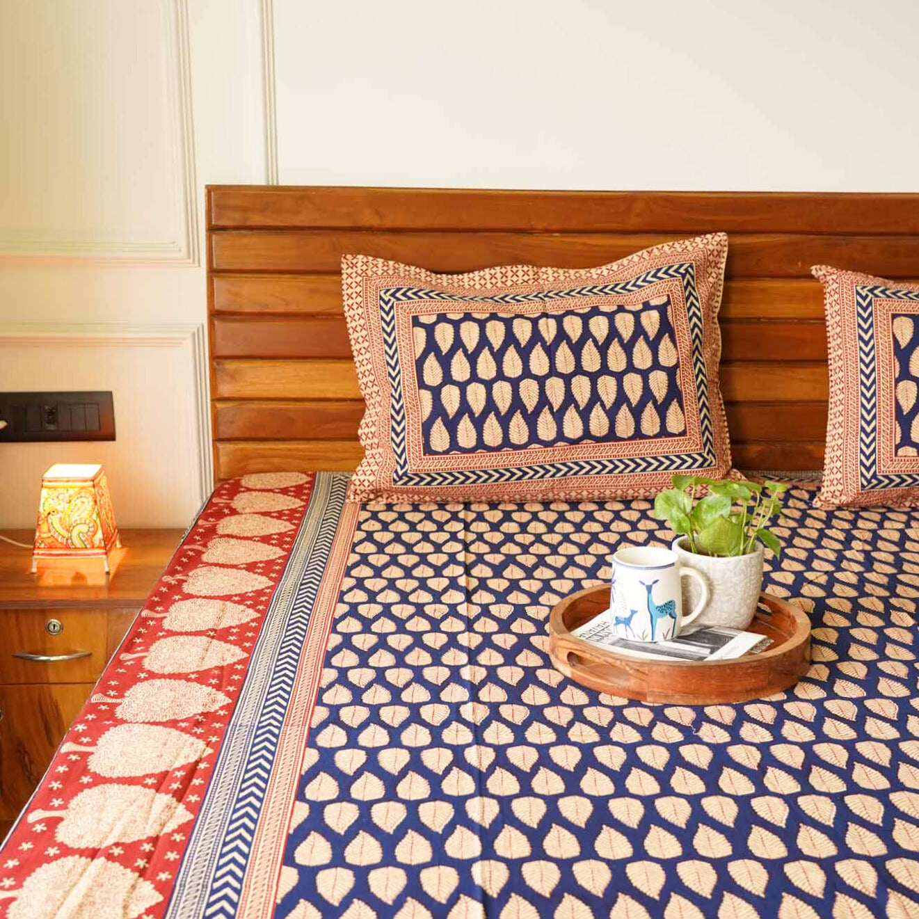 Kalamkari Blue Leaf - Flat I Fitted Bedsheet (90x108 Inches)