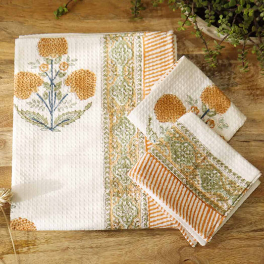 Handblock Printed Waffle Towel - Set of 3 - Genda