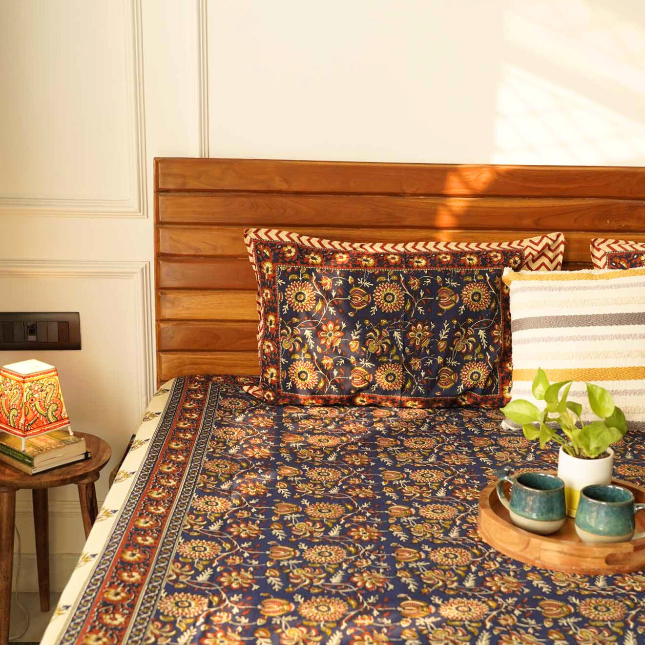 Kalamkari Blue B - Flat I Fitted Bedsheet (108x108 Inches)