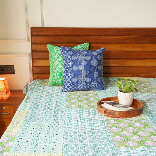Shades Of Green - Handblock Patchwork Kantha Stitch Bedcover