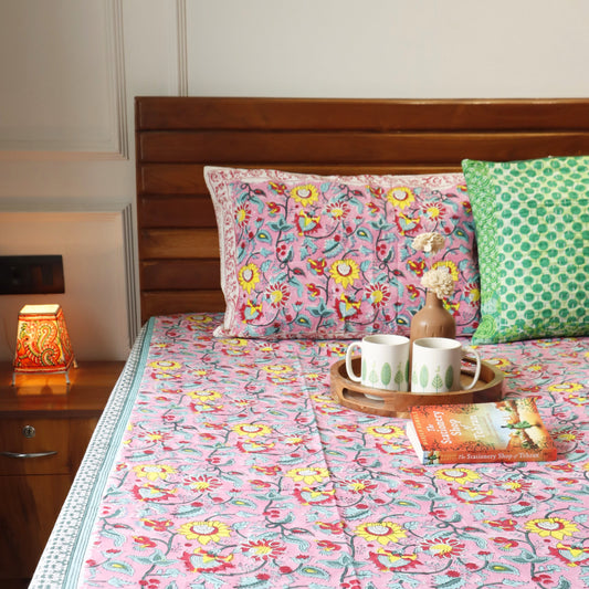 Gulabi Jaal - Handblock Bedsheet (100x108 Inches)