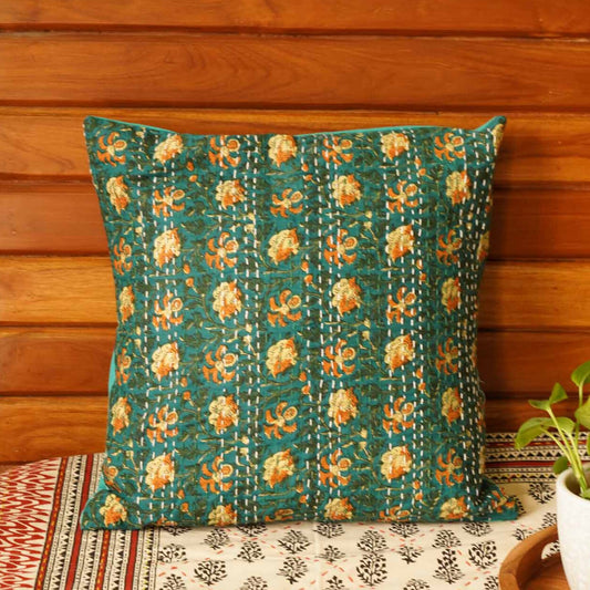 Ajrakh - Green – Kantha Stitch  Cushion Cover