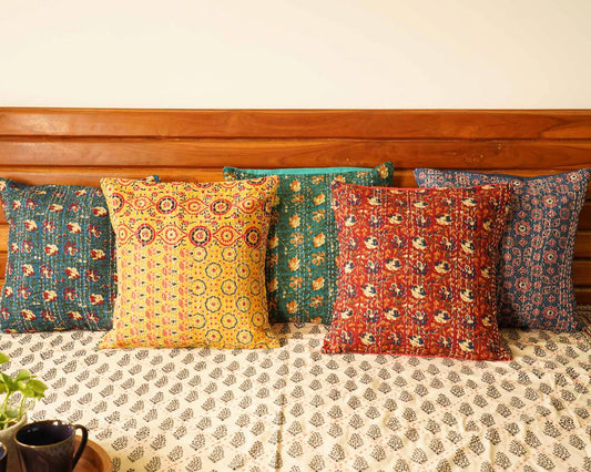 Colors of Joy - Ajrakh - Kantha Stitched Cushion Covers - Set of 5