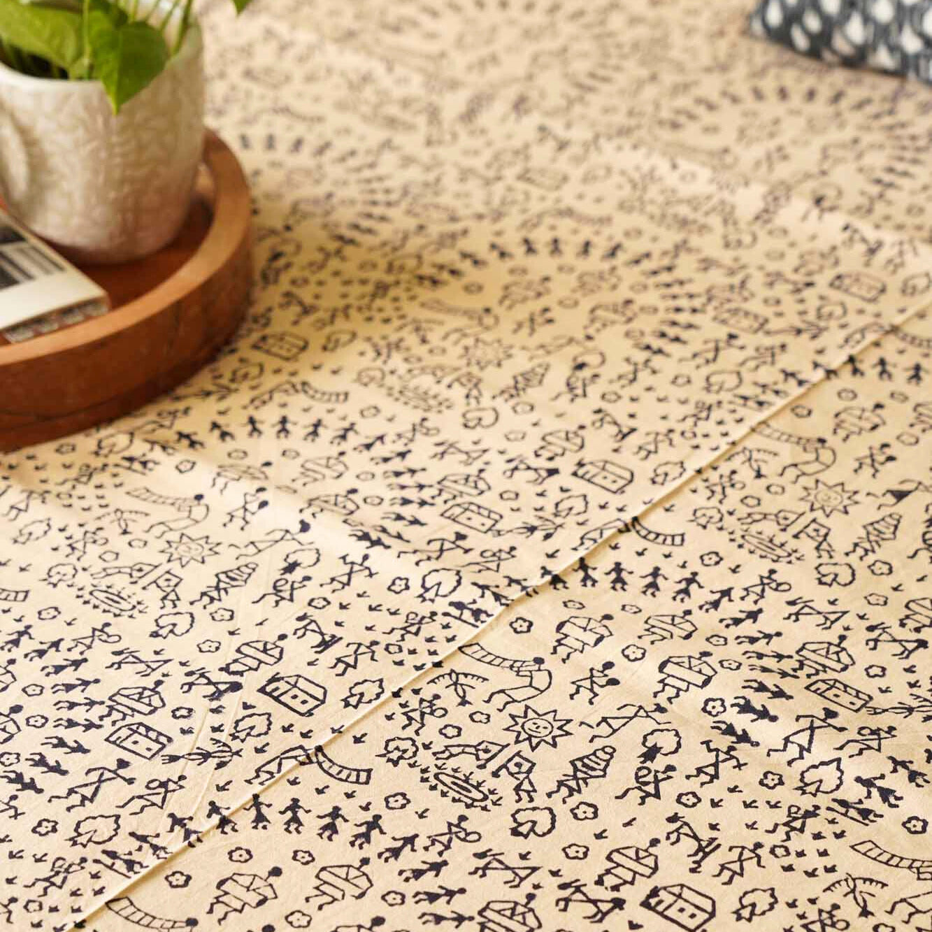 Hand Block Kalamkari Worli Black Single Bed Bedsheet (60x90 Inches)