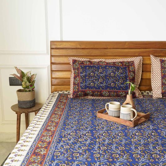 Kalamkari Blue S - Flat I Fitted Bedsheet (108x108 Inches)