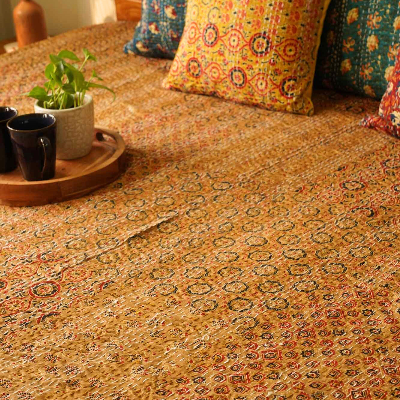 Ajrakh Mustard - Kantha Stitch Bedcover