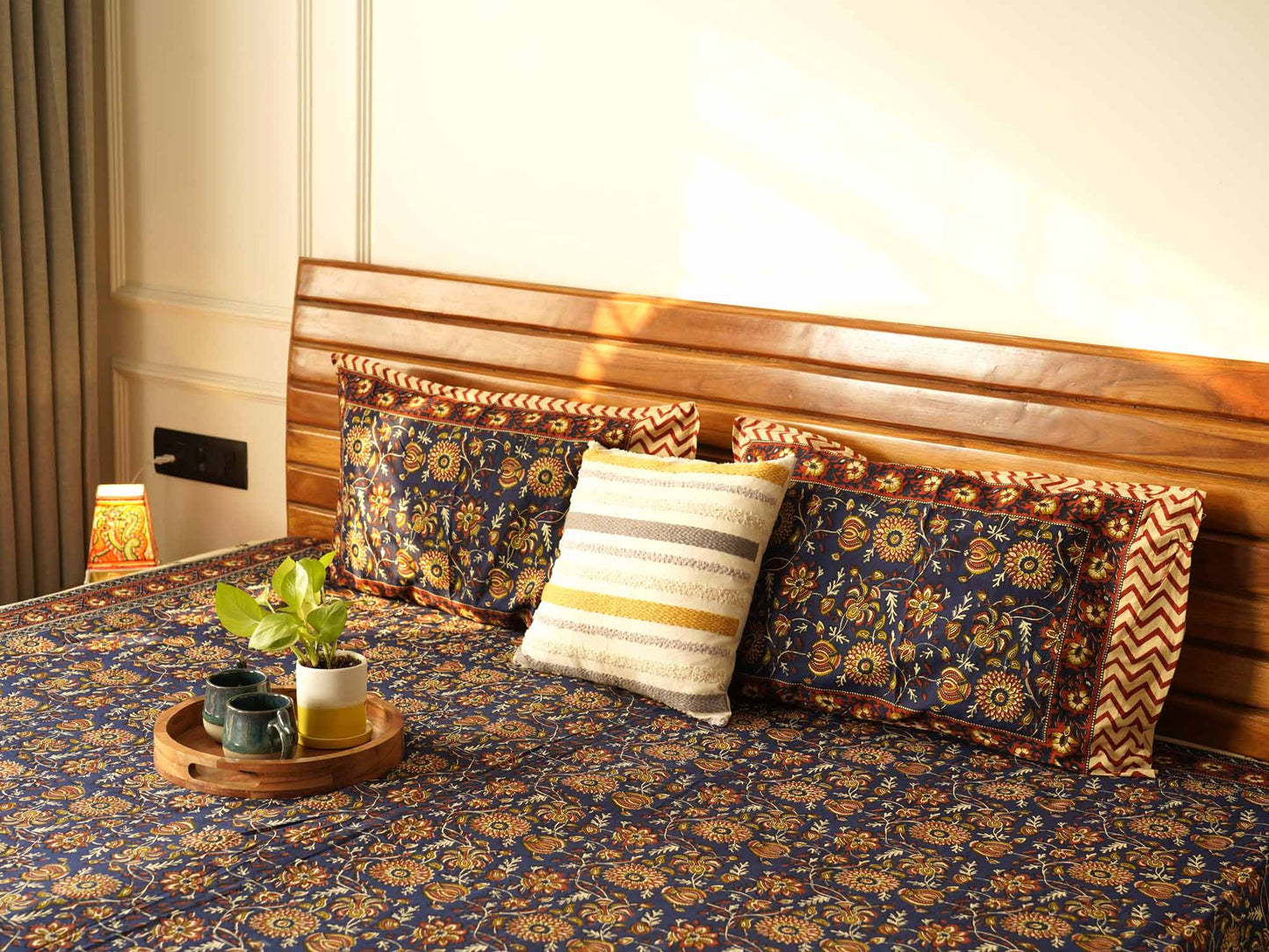 Kalamkari Blue B - Flat I Fitted Bedsheet (108x108 Inches)