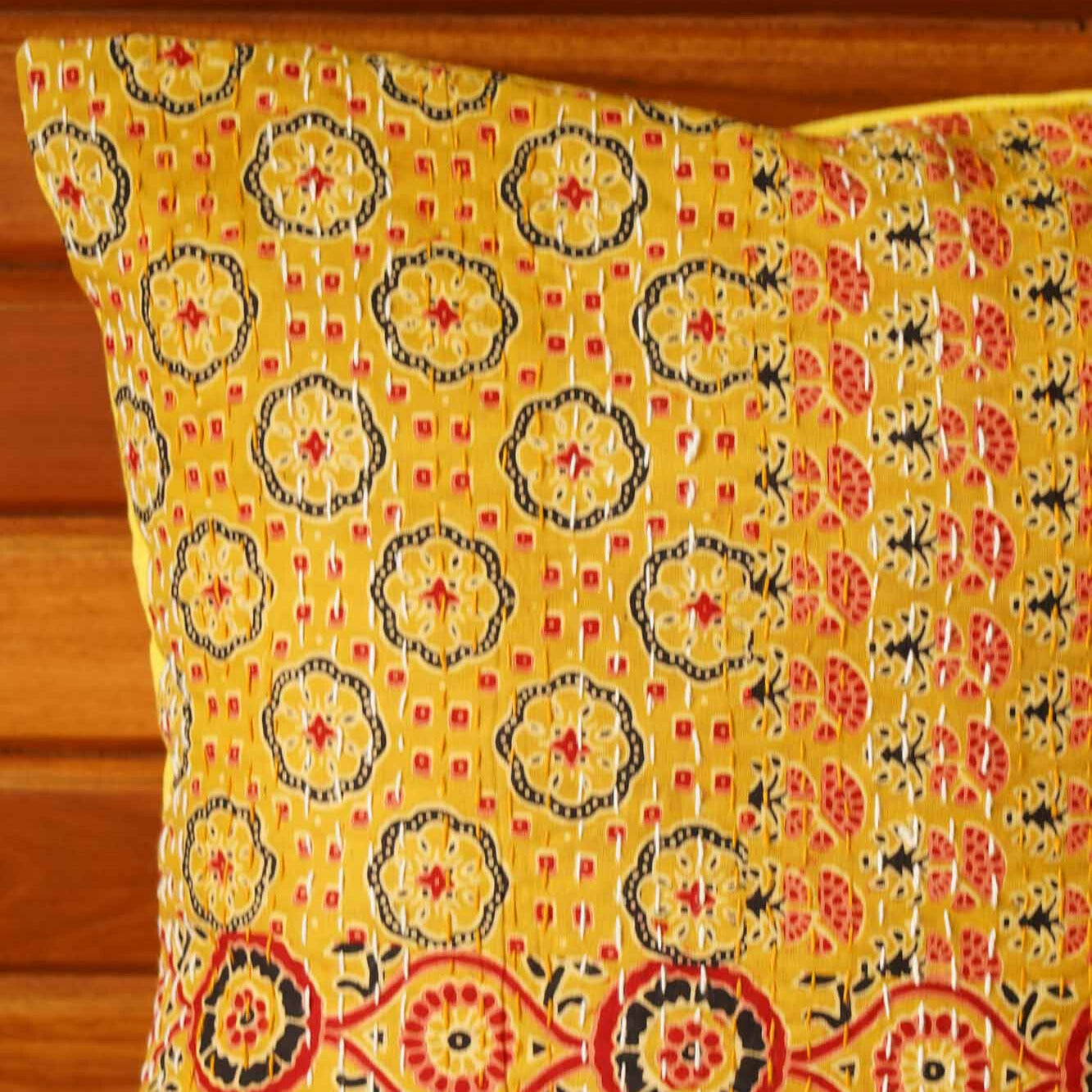 Ajrakh - Yellow – Kantha Stitch Cushion Cover