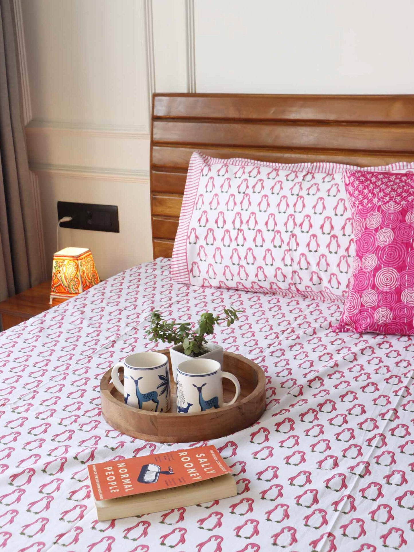 Pink Penguin - Handblock Bedsheet (108x108 inches)
