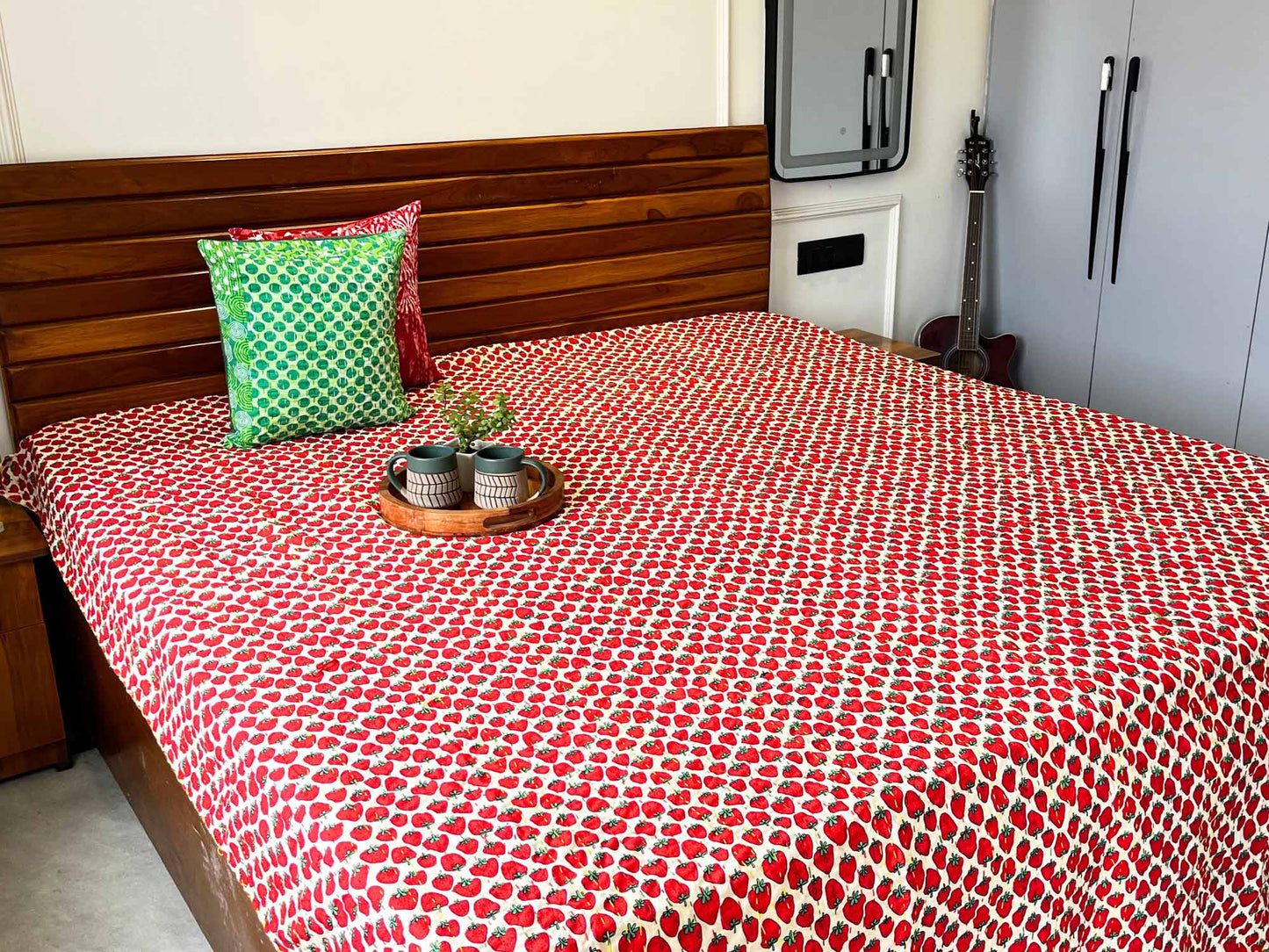 Strawberry - Kantha Stitch Bedcover
