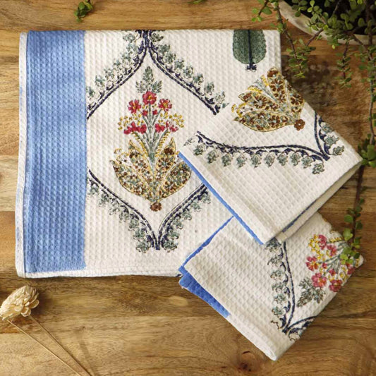 Handblock Printed Waffle Towel - Set of 3 - Bela