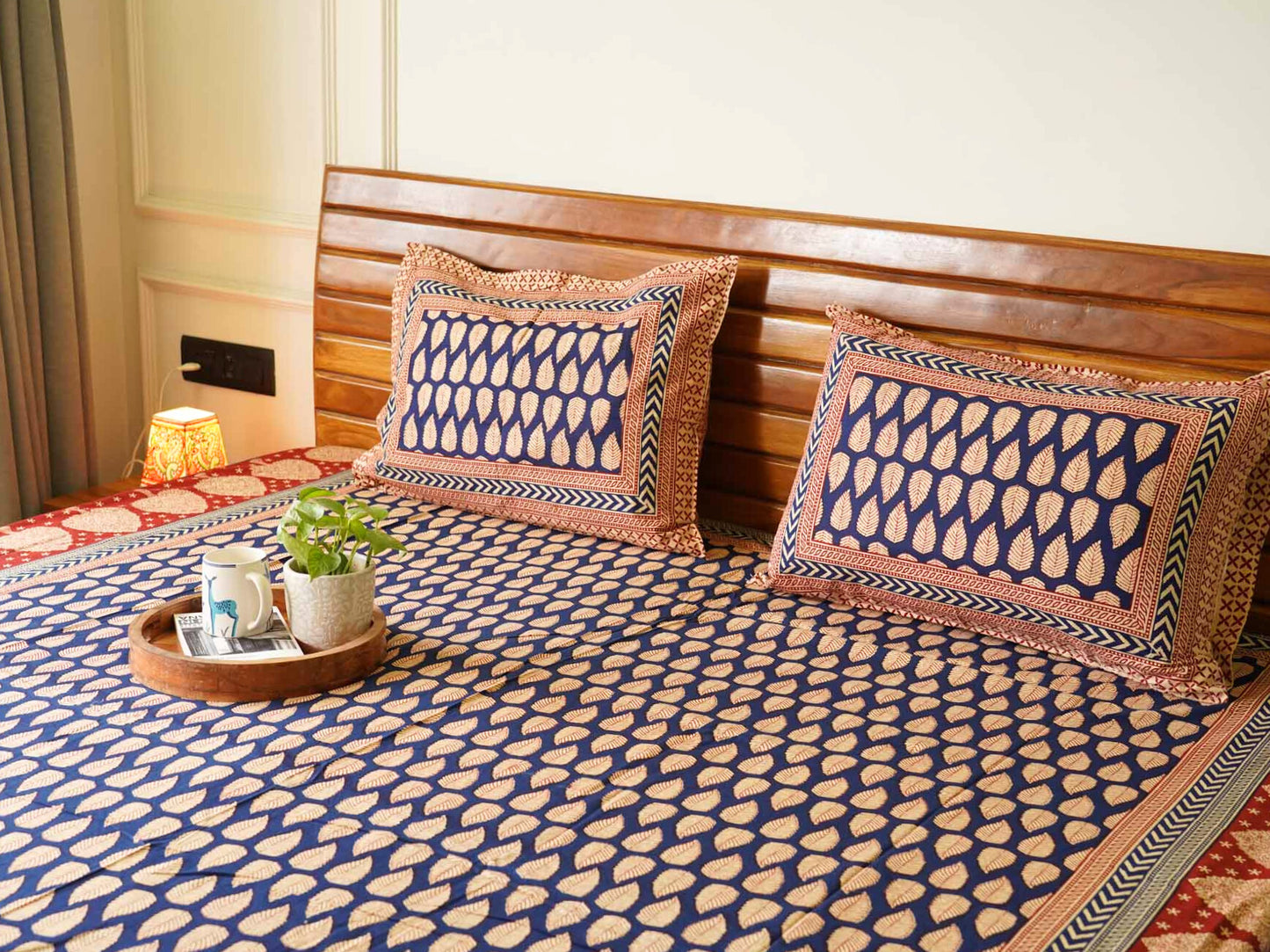 Kalamkari Blue Leaf - Flat I Fitted Bedsheet (90x108 Inches)