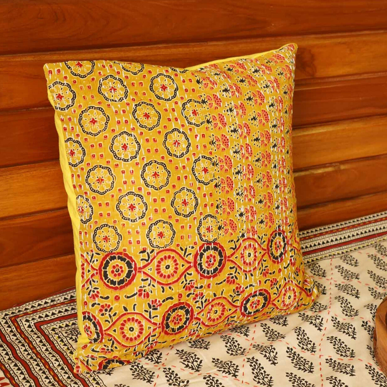 Ajrakh - Yellow – Kantha Stitch Cushion Cover
