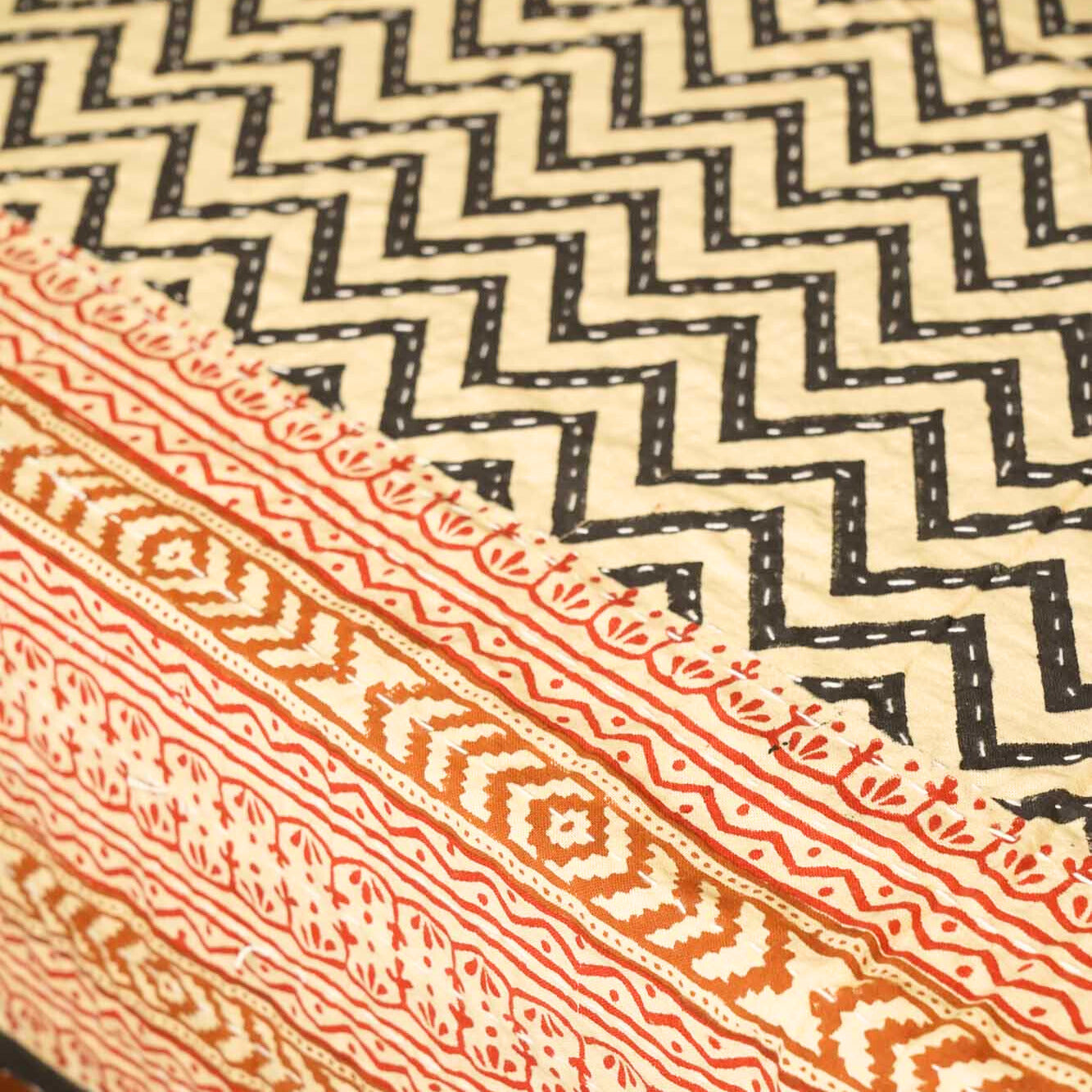 Chevron - Handblock Kantha Stitch Bedcover