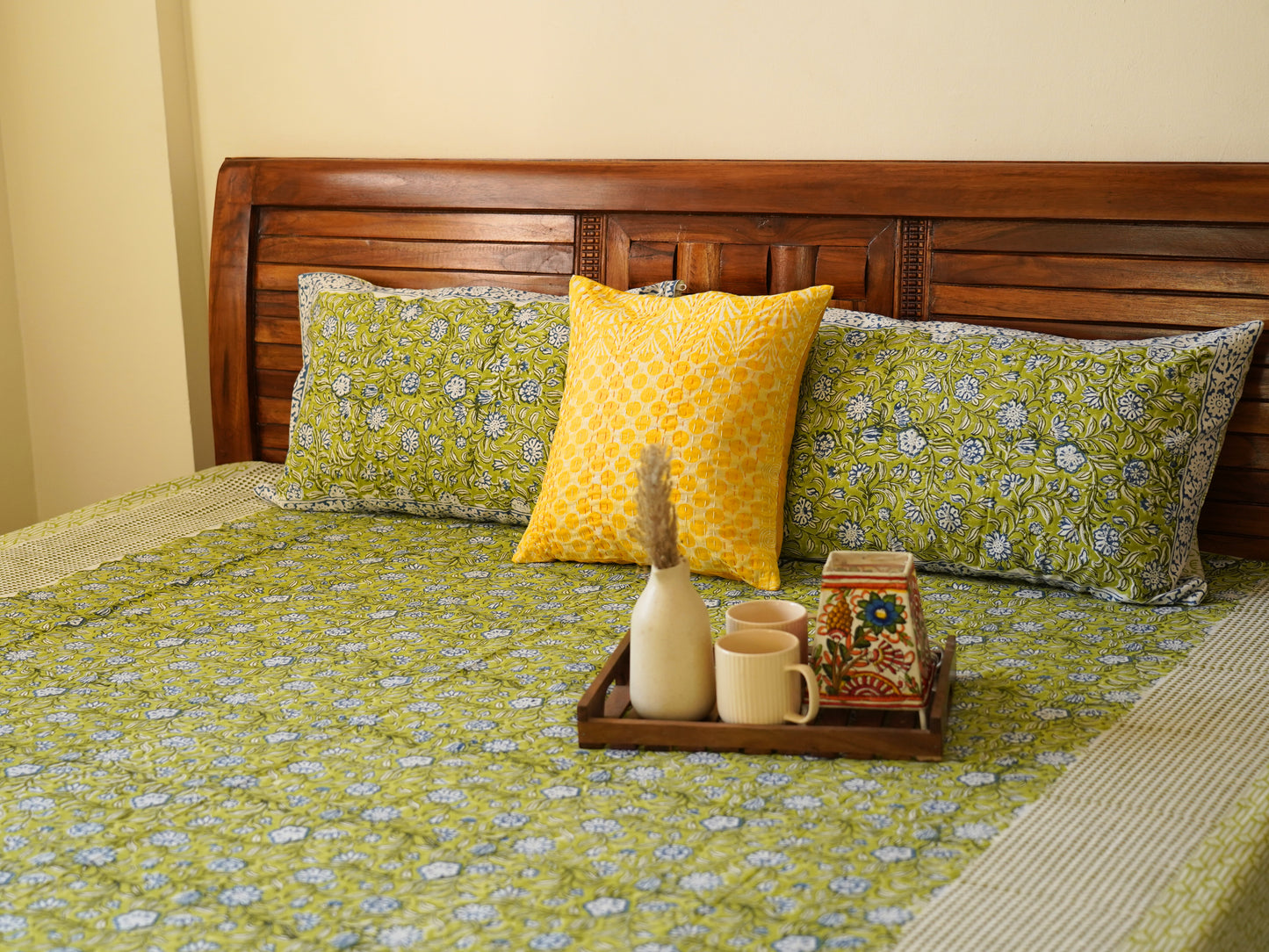 Phulwari Green - Handblock Bedsheet (100x108 Inches)