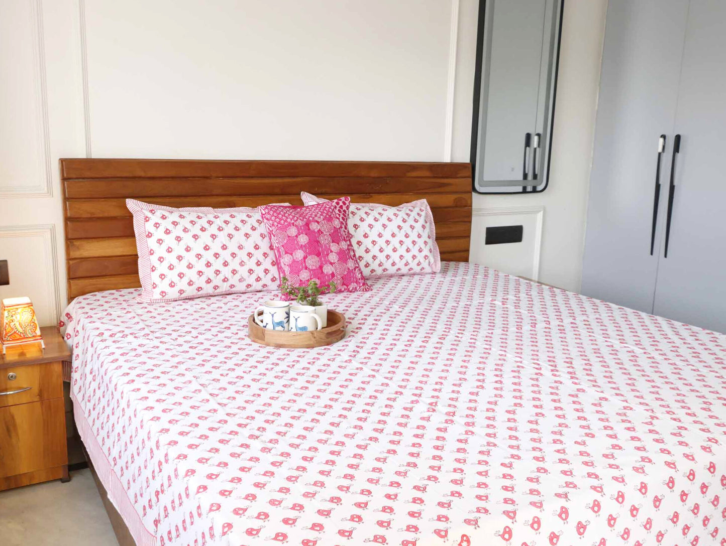 Pink Bird - Handblock Bedsheet (108x108 inches)