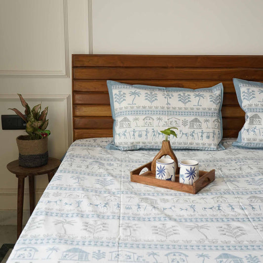 Worli Blue Flat I Fitted Bedsheet (108x108 Inches)