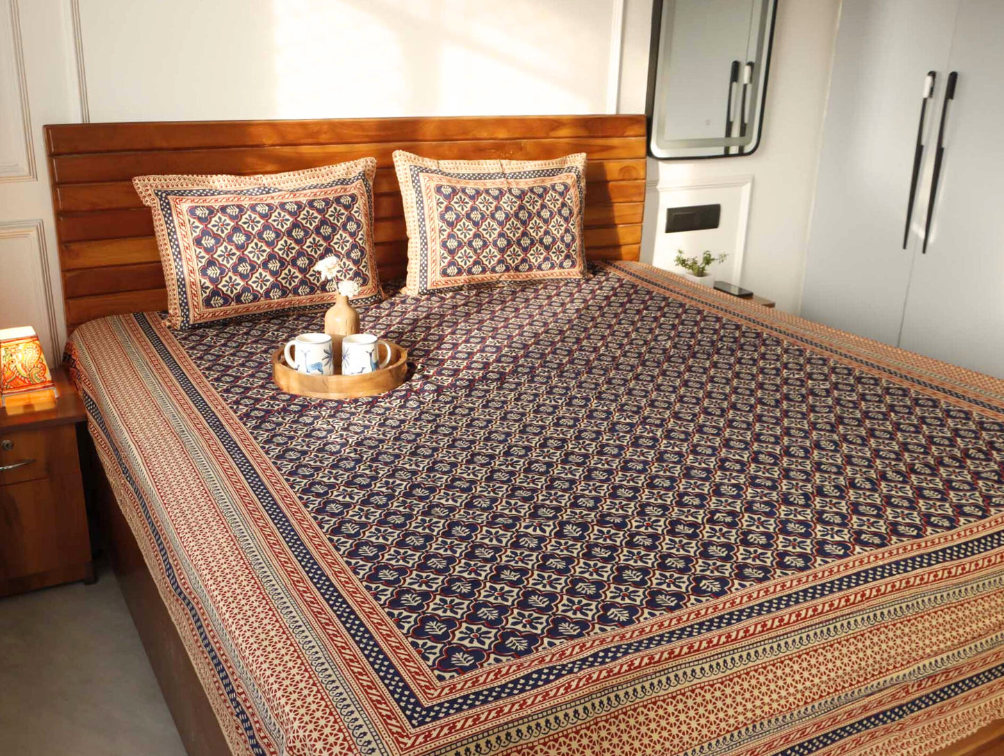 Kalamkari Jharoka Blue Flat I Fitted Bedsheet (90x108 Inches)