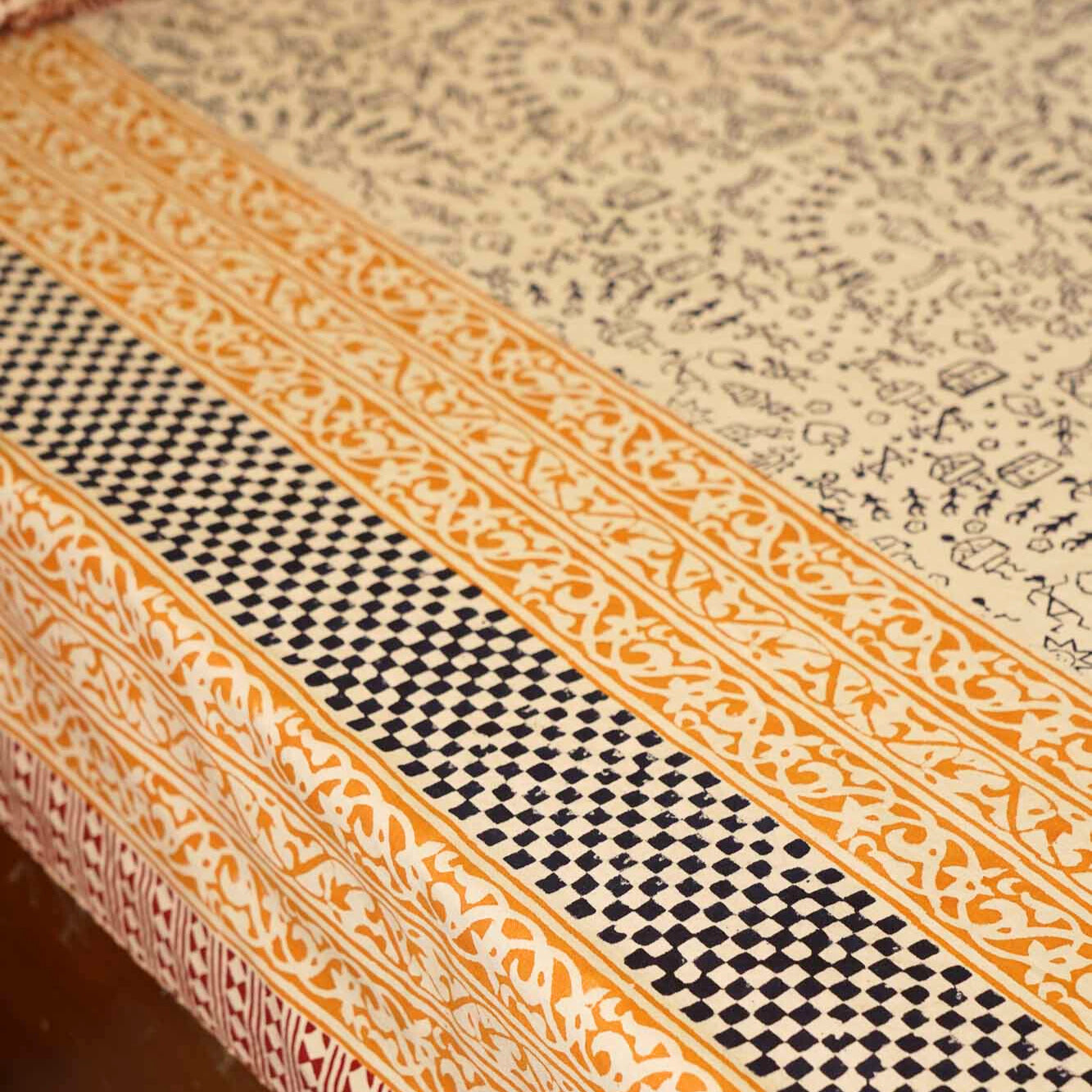 Hand Block Kalamkari Worli Black Single Bed Bedsheet (60x90 Inches)