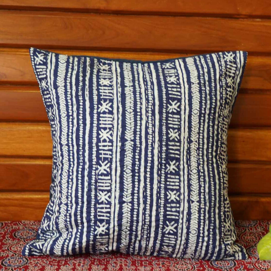 Abstract - Indigo Kantha Stitch Cushion Cover