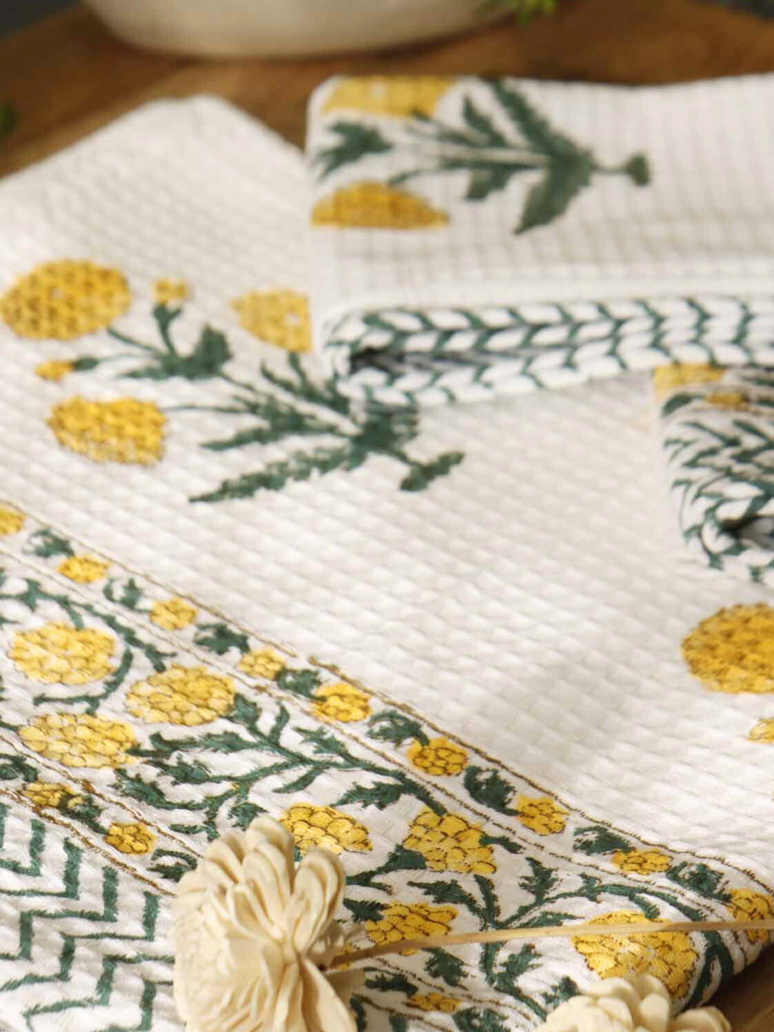 Handblock Printed Waffle Towel - Set of 3 - Amaltas