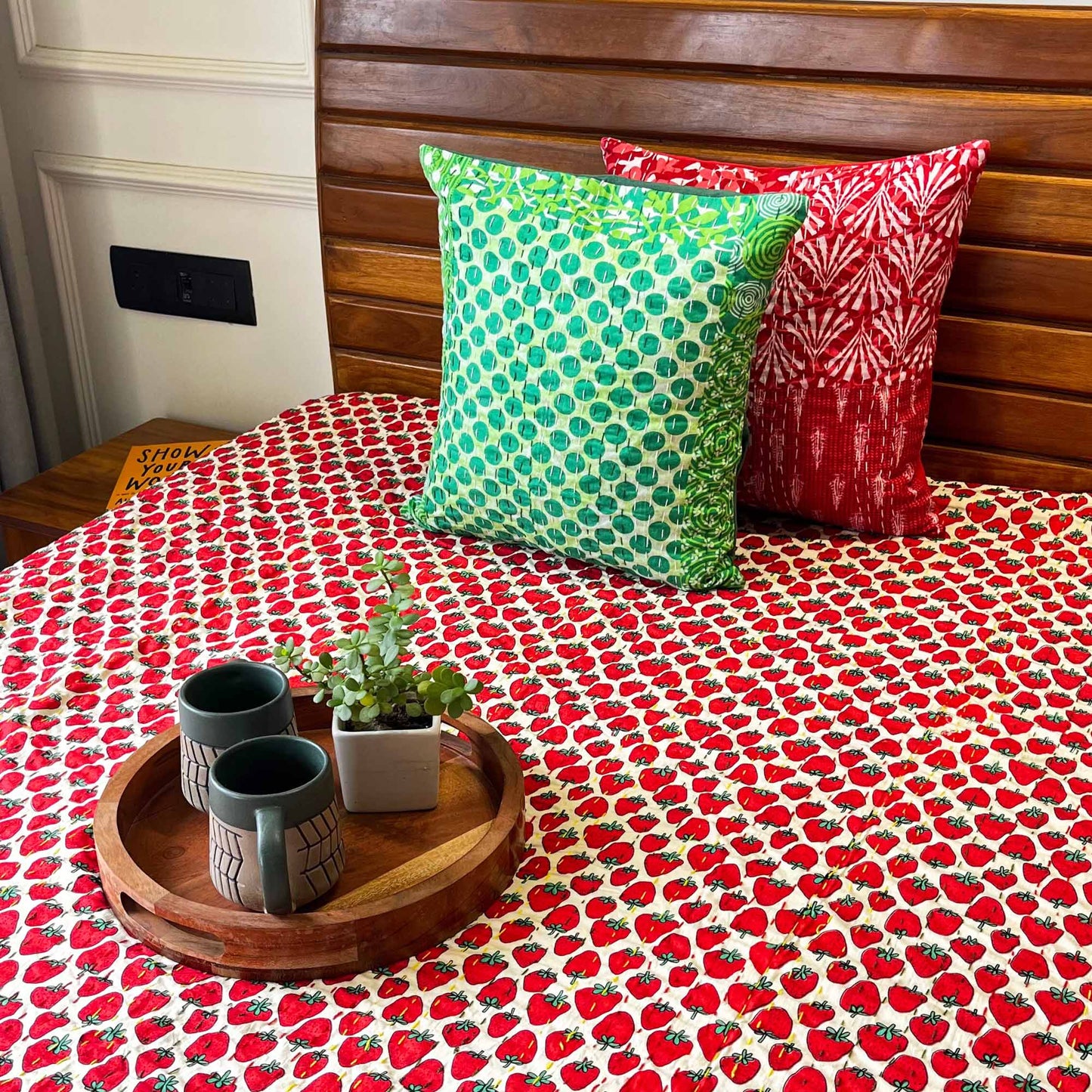 Strawberry - Kantha Stitch Bedcover
