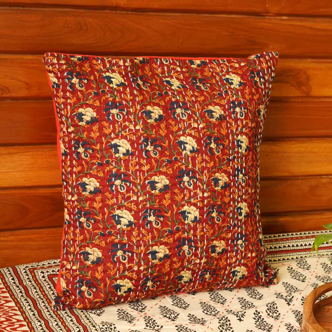 Ajrakh - Maroon  – Kantha Stitch  Cushion Cover