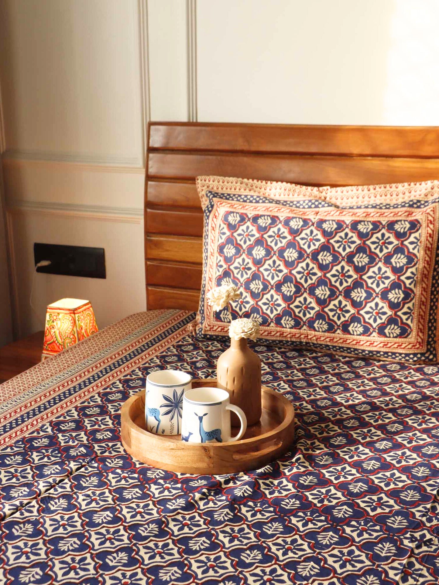 Kalamkari Jharoka Blue Flat I Fitted Bedsheet (90x108 Inches)