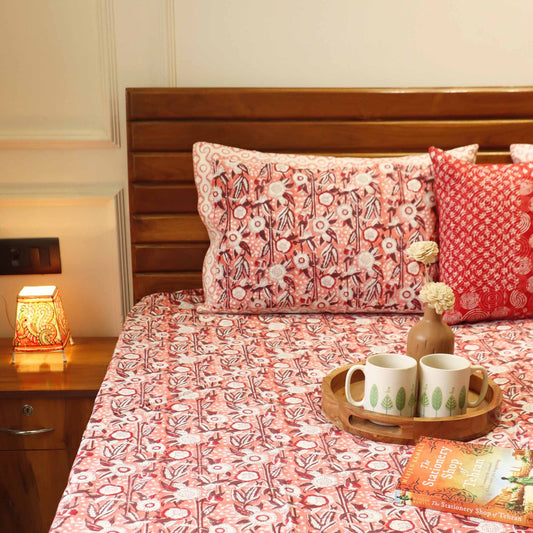 Starry Nights Red - Hand Block Printed Bedsheet  (100x108)