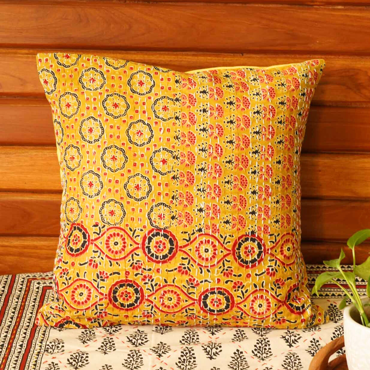 Ajrakh - Yellow – Kantha Stitch Cushion Cover