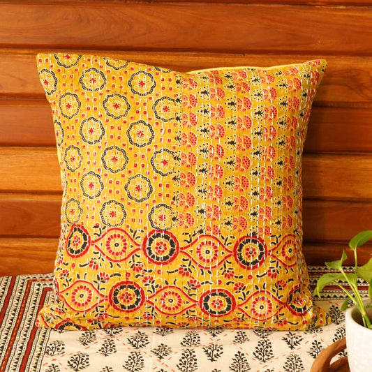 Ajrakh - Yellow – Kantha Stitch Cushion Cover