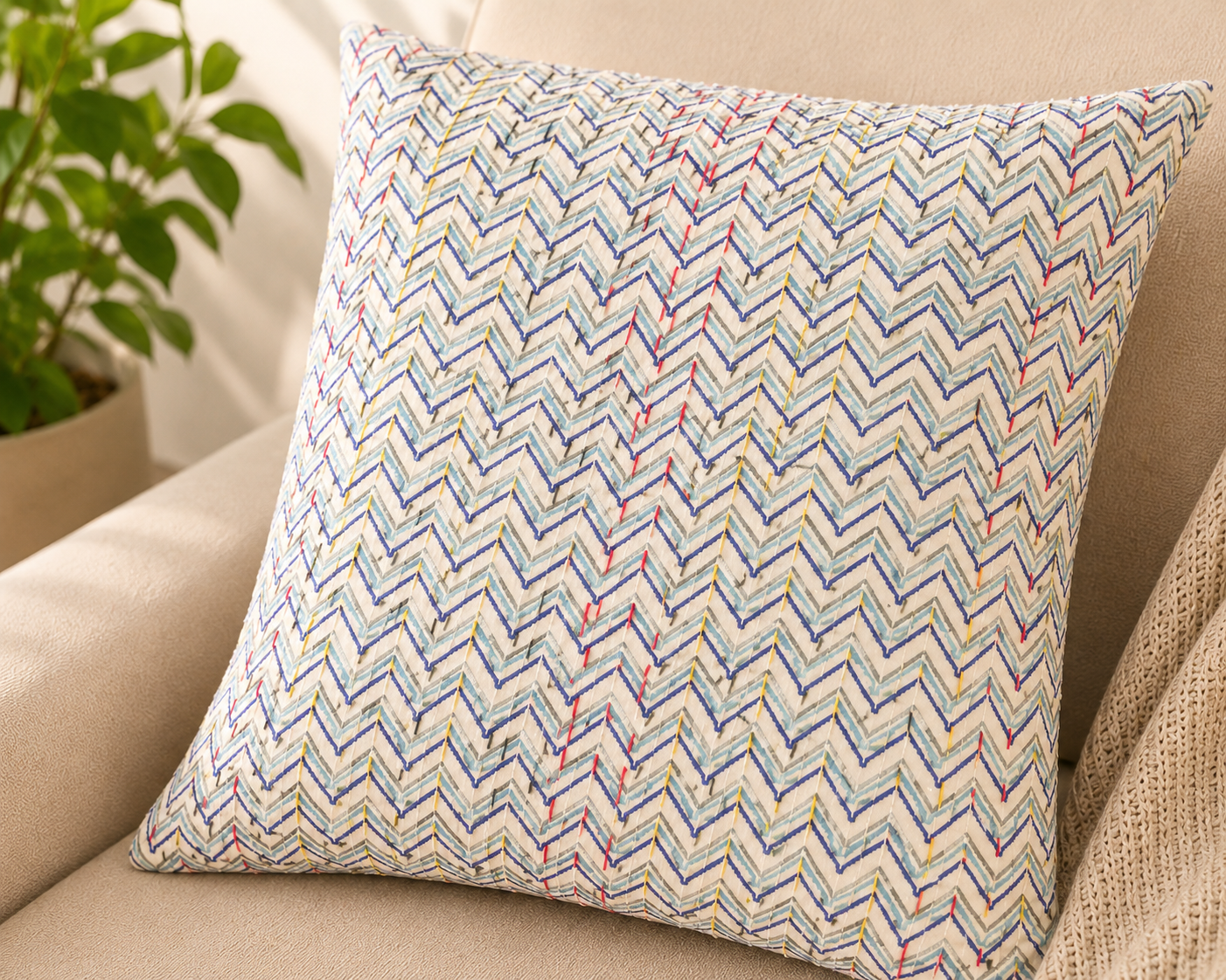 Chevron-kantha cushion cover