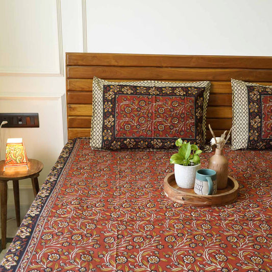 Kalamkari Maroon Big S - Flat I Fitted Bedsheet (108x108 Inches)