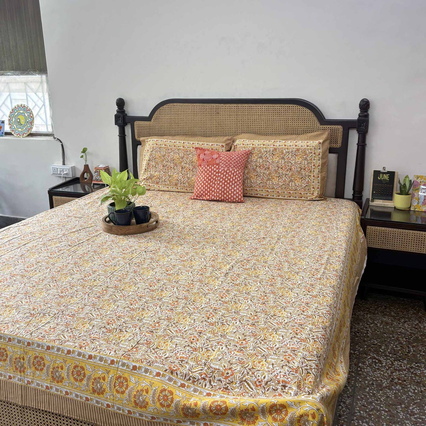Phulwari Orange - Flat I Fitted Bedsheet (90x108 Inches)