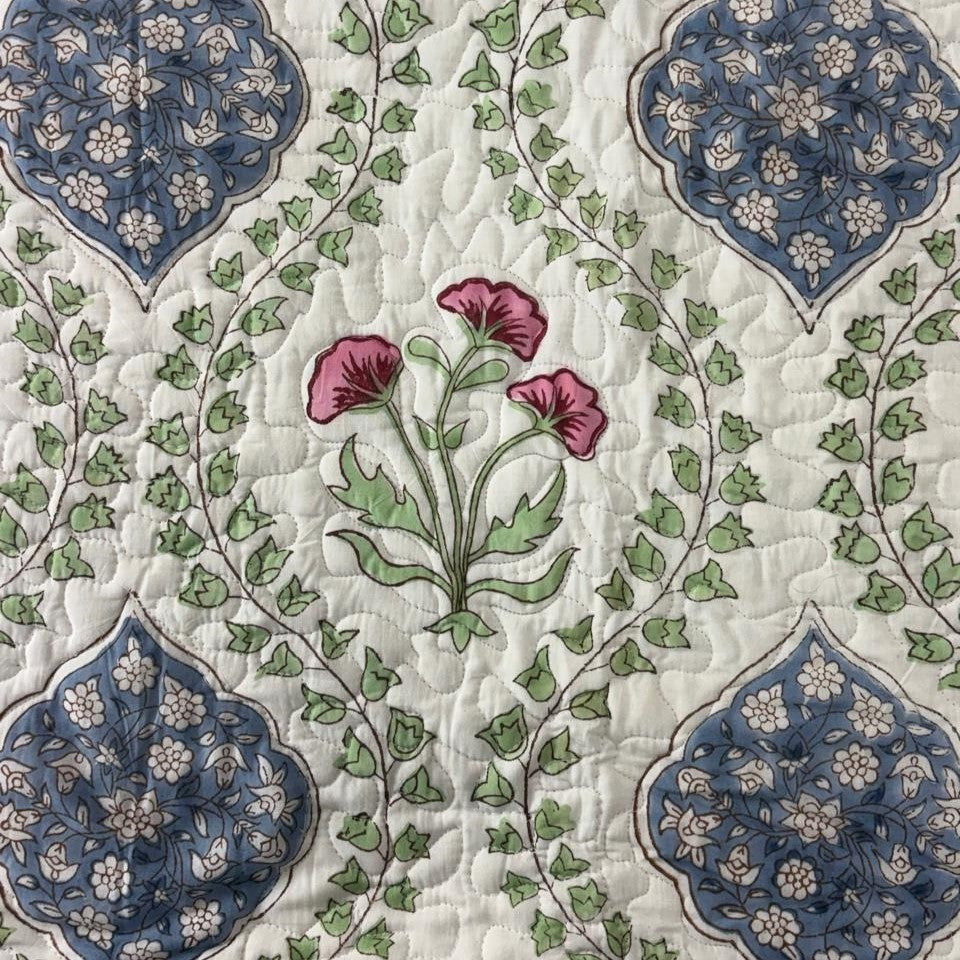 Mughal Garden - Quilted and Reversible Handblock Bedcover I Comforter